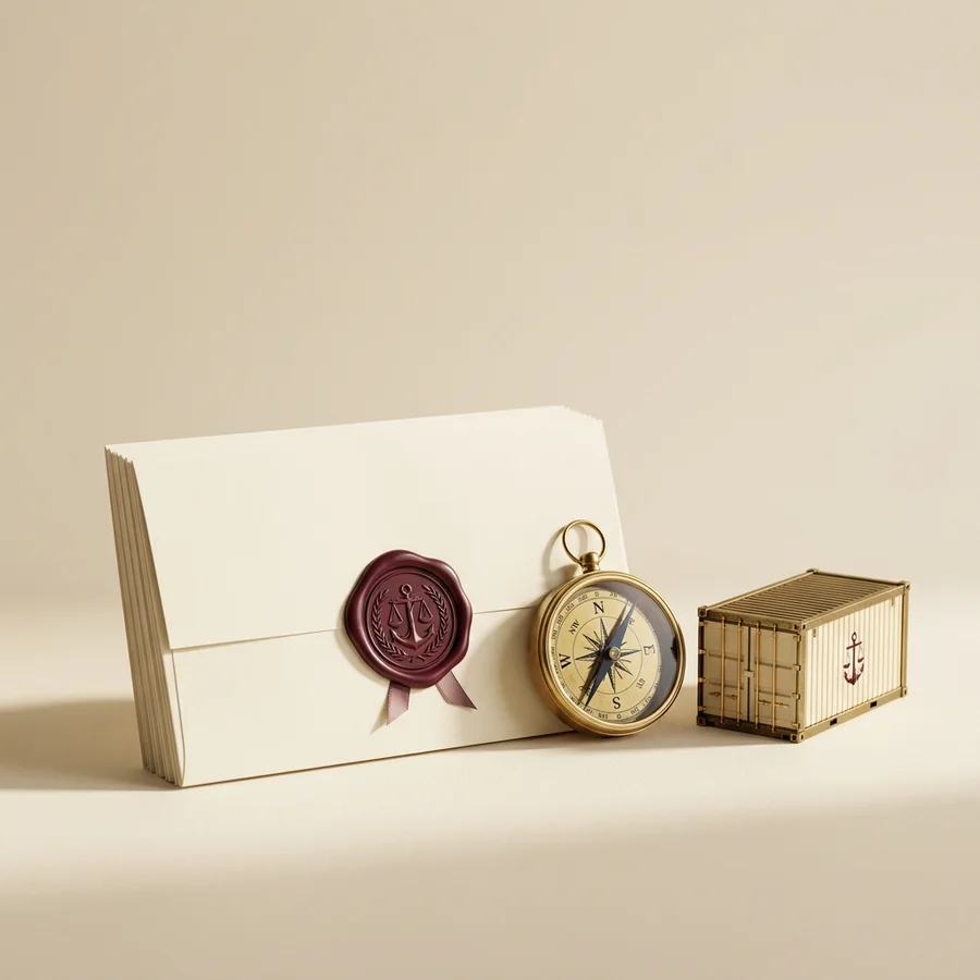 Registre, cachet de cire et boussole sur un bureau.